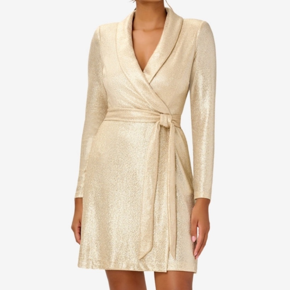 NWT - Adrianna Papell Metallic Gold Long Sleeve Tuxedo Faux Wrap Dress